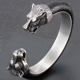 Chokers Stainless Steel Wolf Head Cuff Open Bangle Bracelet Men Black Leather Elastic Adjustable Boys On Hand Bracelets Mens Jewellery