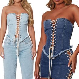 Women's Tanks 2023 Women's Summer Skinny Denim Tube Top Fashion Bandage Off Shoulder Bandeau Casual Crop Sexy Slim Vest