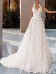 Beach Open Back Wedding Dress Sweep Train A-Line Sleeveless Halter Lace Appliques Boho Bride Gowns Vestidos De Novia Customed 2023