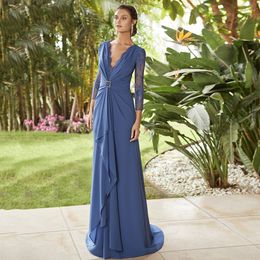 Fabulous A Line Mother's Dress with Sleeve V Neck Ruched Draped Wedding Guest Dress Sweep Train Womens Formal Evening Party Gowns
