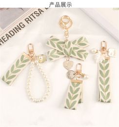 Elegant Pearl Leaf Cord Keychain Small Fresh Plant Embroidery Ribbon Key Chains Earphone Cute Pendents Bag Accessories Jewellery