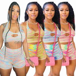 Women's Tracksuits Echoine Women Hollow Out Rainbow Halter Top And Tight Shorts 2 Two Piece Set Summer Fashion Beach Vacation Tracksuit Outfits Y23