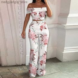 Women's Two Piece Pants 2023 Women's Off Shoulder Short Top Casual Pants Printed Two Piece Set T230524