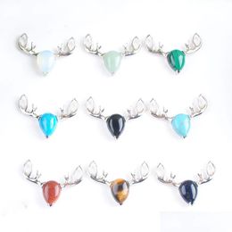 Pendant Necklaces Yowost Natural Tigers Eye Opal Gemstones Deer Head Shaped Animal Charm Trendy Men Women Reiki Jewellery Accessorie Dhium