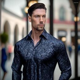 Men's Casual Shirts Exquisite Silk Paisley For Men Spring Autumn Lapel Woven Long Sleeve Blue Designer Embroidered Fit Party Wedding CY-0402