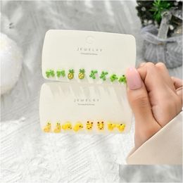 Stud Earrings S925 Needle 4Pairs Kawaii Set Colorf Flower Fruits Ear Post For Girls Students Korea Jewellery Gifts Drop Deliver Dhgarden Dhwxj