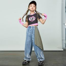 Stage Wear Kids Hip Hop Costume For Girls Kpop Jazz Dance Clothes Crop Tops Denim Pants Teenager Modern Performance 8 10 12 14 Y