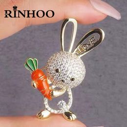 Rinhoo Cute Rabbit Hugging Carrot Brooches Pins for Women Cartoon Animal Crystal Love Rabbit Enamel Badge Wedding Party Jewellery