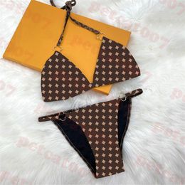 Brown Letter Bikini Womens Halter Swimwear Jacquard Triangle Swimwear Ladies Underwear Set