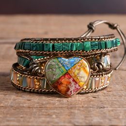 Bracelets Fashion Mixed Color Natural Stone Jasper Bracelet For Women Men Chakra Heart Wrap Leather Chain Bracelet Bangle Charm Jewelry