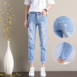 Women's Jeans 25-32 Womens Female Denim Pant Spring Summer Button Ankle-length Harem Slim Holes Casual Ladies Trousers Clothes Hy30