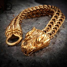 Bracelets Never Fade Gold Color Dragon Head Bracelet Men Stainless Steel Ouroboro Bangle Punk Viking Amulet Selfdevourer Creative Jewelry