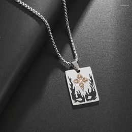 Pendant Necklaces Fashion Creative Design Flame Burning Cross Card Necklace Men's Casual Personality Party Amulet Accessories