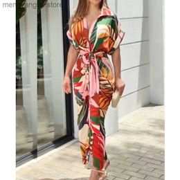 Casual Dresses New Summer Women's Printed Short Sleeve High Waist Cardigan Irregular Dress Long Dress T230524