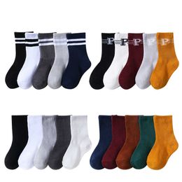 Socks 5 pairs/batch autumn high elasticity simple children's Korean cotton strip solid Colour letter boys and girls socks 1-12 Y G220524