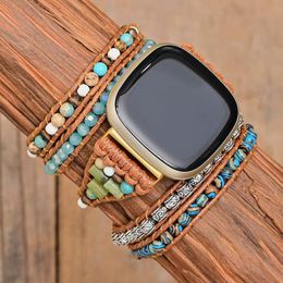 Bangle Bracelet for Fitbit Versa3 Watch Natural Emperor Stone Wax Rope 5 Layers Blue Mix Color Watch Strap Jewelry Wholesale