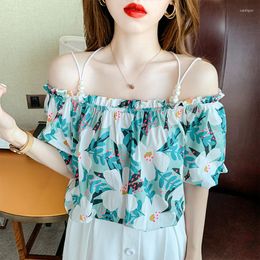 Women's Blouses Clothing Femme 2023 French Style Loose Printed Short-sleeved Shirts For Woman Slash Neck Chiffon Sexy Tops Female 1047