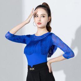 Stage Wear Lace Sleeve Patchwork Tassel Design Female Latin Dance Bodysuit For Women Dress Competition Ballroom Dancing Costume NY23 6139