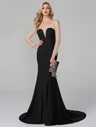 Sexy Black Mermaid Prom Formal Dresses 2023 See Through Long Sleeve Off Shoulder Beads Chiffon Evening Party Gowns Robe De Soiree
