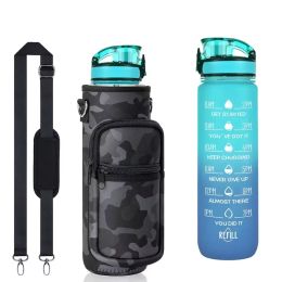 32 OZ Water Bottles & Cover And Straw Strap Motivational Cup Times to Drink BPA Free 1L Reusable Sports Water Bottle with Sleeve Carrier Outdoor NEW