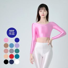 Women's T Shirts Summer Glossy Women's Satins Short T-shirts Swimwear Long Sleeve Shiny Tank Plus Size Yoga Opaque Tight Tops