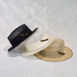 Wide Brim Hats Philippine High Grade Yarn Flat Top Hat British Elegant Retro Pearl Banquet Fashion Ladies