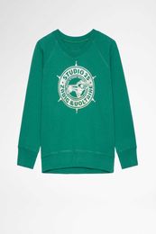 zadig et voltaire 23ss Designer Sweatshirt Fashion New Pulley Print Hot Drill Green Raglan Sleeves Women Pullover Jumper