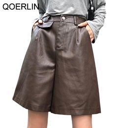 Shorts QOERLIN PU Bermuda Shorts for Women Faux Leather Shorts Stylish High Waist Shorts Streetwear Pockets Trouser Female