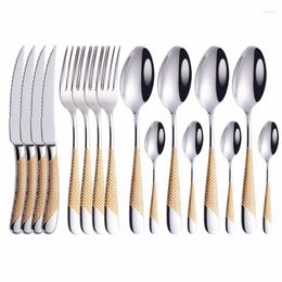 Dinnerware Sets Friendly Kitchen Cutlery Pcs Knives Stainless Set Tableware Gold Complete Spoons Forks Eco Steel Home 16 Golden