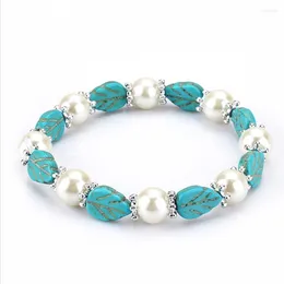 Strand Silver Plated Leaf Connect Green Turquoises Stone Elastic Bracelet With Imitation Pearl Geometric Jewellery