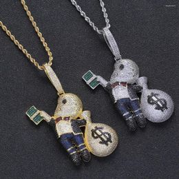 Pendant Necklaces Hip Hop Boy With Money Bag Pendants 4 Colours Cartoon Character Necklace Iced Out Bling Cubic Zircon Men's Rapper