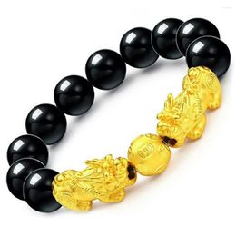 Strand Natural Stone Obsidian Imitation Gold 3D Double Pixiu Bracelet Men Beaded Animal