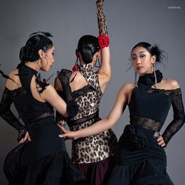Stage Wear Modern Ballroom Dance Performance Costumes Latin Competition Tops Long Sleeve Lace Sexy Jumpsuit DWY8564