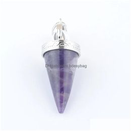 Pendant Necklaces Natural Stone Cone Pendants Reiki Pendums Round Crystal 3D Jewellery Amethyst Tigers Eye Aventurine Bn451 Drop Delive Dhon0