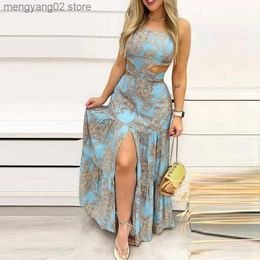 Casual Dresses Women's Spring/Summer Gentle Holiday Style Open Back Fashion Print Long Waist Strap Dress T230524