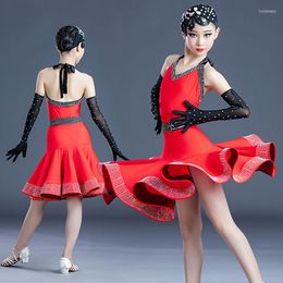 Stage Wear Girls Latin Dance Dress Red Rhinestone Competition Outfit Cha Ballroom Performance Costume BL5161