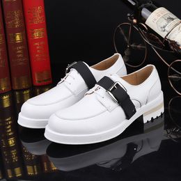 White Full Grain Leather Mens Formal Suit Dress Shoes Thick heel Buckle Gentlemen Derby Shoes Size 38-45