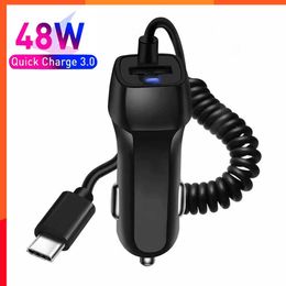 New 48w Usb Fast Car Charger Stretch Cable Adapter for Iphone13 12 11 14 Pro Max Samsung Galaxy Note20 Android Type-c Car Charger