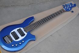 Factory 5 Strings Metallic Blue Electric Bass Guitar with Active Circuit,Moon Inlay,Can be customized