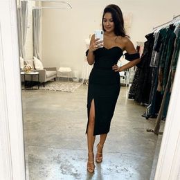 Tea Length Black Evening Dresses 2023 Off Shoulder Side Slit Sheath Prom Gowns Formal Party Dresses robe de mariee