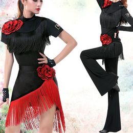 Stage Wear Women's Latin Dance Big Red Flower Tops Pants Costumes For Women Cuban And Square 2023