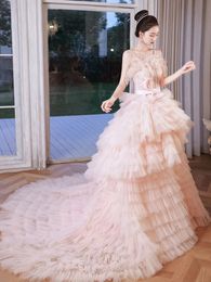 Plus Size A Line Tailored Beads One Shoulder Crystal Wedding Gowns Ruffles Sweep Train Illusion Chapel Bridal Gown Pink Tutu Feather Strap Wed Dress 403