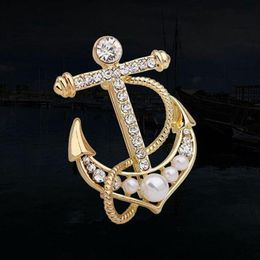 Fashion Gold Color Crystal And Pearl Beads Anchor Cut Cool Brooch Elegant Jewelry Pins Retail