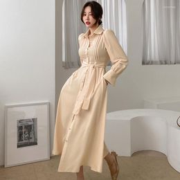 Casual Dresses Women 2023 Fashion OL Shirt Dress Elegant Pleated High Waist Midi Vestidos Belted Slim Long Sleeve Solid