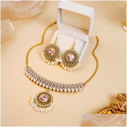 Earrings Necklace Set Boho Retro Golden For Women Luxury Mticolor Gemstone Tiny Zircon White Beads Pendant Jewellery Sets Dhgarden Dhn9V