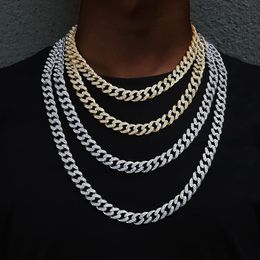 Necklaces Hip Hop Men's Curb Cuban Link Chains 13mm Full Paved Rhinestone Crystal Necklaces Bling Rapper Silver Color Jewelry Set Anklet