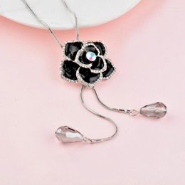Pendant Necklaces KIOOZOL Vintage Crystal Waterdrop Necklace For Women Black Enamel Flowers Chain Adjustable Silver Color Jewelry 443 KO6