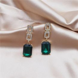 Luxury Green Crystal Square Pendant Earrings For Woman 2023 Fashion Korean Jewelry Wedding Party Sexy Girl's Unusual Earrings