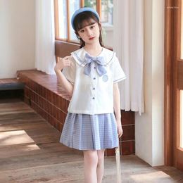 Clothing Sets 2023 Summer Short Sleeve Girls Clothes Teenager Sailor Bow Blouse Shirt Plaid JK Skirt Uniform Children Set 5 9 10 11 12 Years