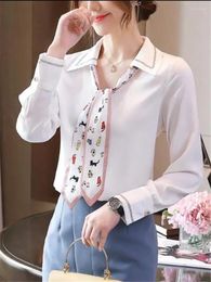 Women's Blouses White Shirts Ribbon For Women Suit Collar Button Up Woman Bow Tie Blous OL Business Lady Tops Temperament Female